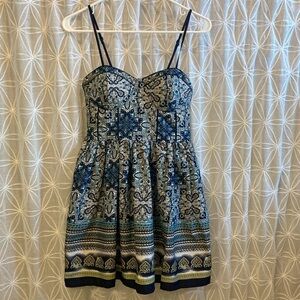 Blue Patterned Spaghetti-Strap Mini Dress